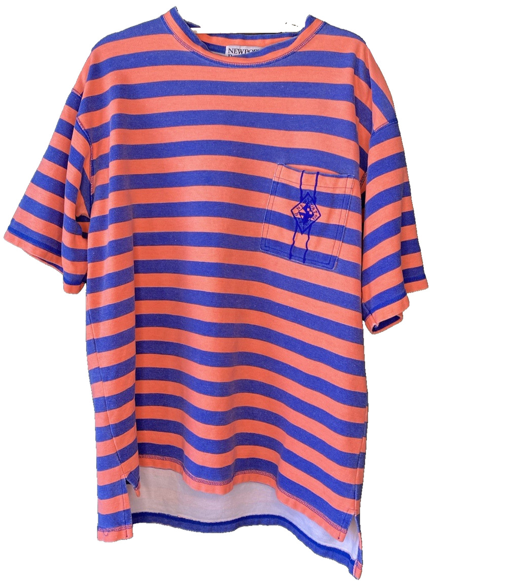 Newport Blue Shirt Mens Medium Vintage 90s Cotton Striped Nautical Short Sleeve